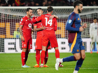 Dany Mota (AC Monza) celebrates the goal with Daniel Maldini (AC Monza) and Pedro Pereira (AC Monza) during the Italian championship Serie A...