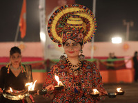 A participant performs 'Garba' during the Dainik Bhaskar Abhivyakti 'Garba Mahotsav' on the occasion of the Navratri festival in Jaipur, Raj...