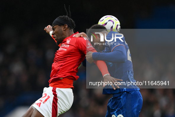 Anthony Elanga of Nottingham Forest battles with Wesley Fofana of Chelsea during the Premier League match between Chelsea and Nottingham For...