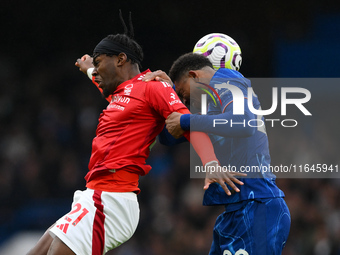 Anthony Elanga of Nottingham Forest battles with Wesley Fofana of Chelsea during the Premier League match between Chelsea and Nottingham For...