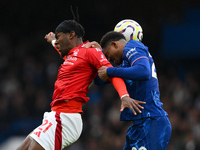 Anthony Elanga of Nottingham Forest battles with Wesley Fofana of Chelsea during the Premier League match between Chelsea and Nottingham For...