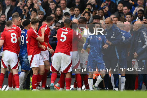 Tempers heat up after an incident between Marc Cucurella of Chelsea and Neco Williams of Nottingham Forest during the Premier League match b...