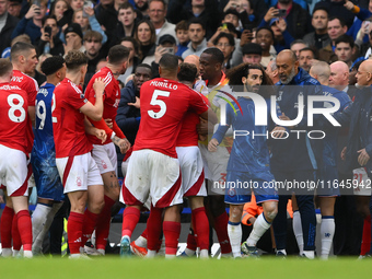 Tempers heat up after an incident between Marc Cucurella of Chelsea and Neco Williams of Nottingham Forest during the Premier League match b...