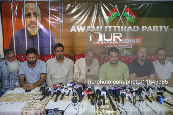 Member of Parliament Sheikh Abdul Rashid, also known as Engineer Rashid, (Center) speaks during a press conference in Srinagar, Jammu and Ka...