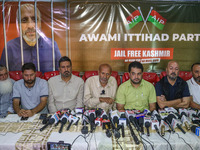 Member of Parliament Sheikh Abdul Rashid, also known as Engineer Rashid, (Center) speaks during a press conference in Srinagar, Jammu and Ka...