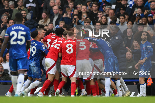 Tempers heat up between Chelsea and Forest players during the Premier League match between Chelsea and Nottingham Forest at Stamford Bridge...