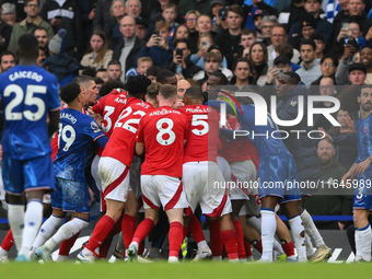 Tempers heat up between Chelsea and Forest players during the Premier League match between Chelsea and Nottingham Forest at Stamford Bridge...