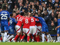 Tempers heat up between Chelsea and Forest players during the Premier League match between Chelsea and Nottingham Forest at Stamford Bridge...