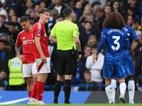 Ryan Yates of Nottingham Forest talks with referee Chris Kavanagh during the Premier League match between Chelsea and Nottingham Forest at S...