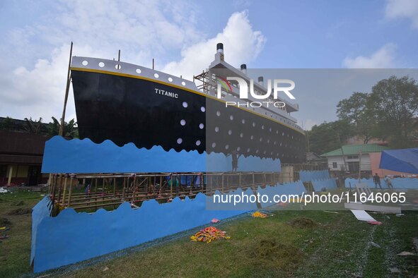 A 'pandal' is made in the shape of the ship 'Titanic' for the Durga Puja festival in Nagaon district, Assam, India, on October 7, 2024. 