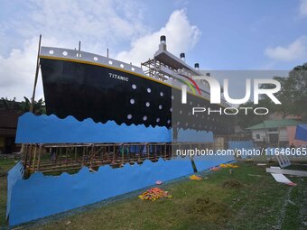 A 'pandal' is made in the shape of the ship 'Titanic' for the Durga Puja festival in Nagaon district, Assam, India, on October 7, 2024. (