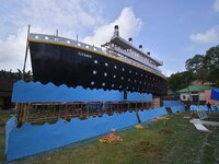 A 'pandal' is made in the shape of the ship 'Titanic' for the Durga Puja festival in Nagaon district, Assam, India, on October 7, 2024. (