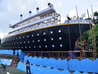 A 'pandal' is made in the shape of the ship 'Titanic' for the Durga Puja festival in Nagaon district, Assam, India, on October 7, 2024. (