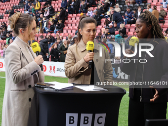 In London, England, on October 6, 2024, BBC Sport pundits Kelly Somers, Fara Williams, and Anita Asanta are present during the Barclays FA W...