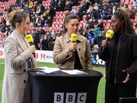 In London, England, on October 6, 2024, BBC Sport pundits Kelly Somers, Fara Williams, and Anita Asanta are present during the Barclays FA W...