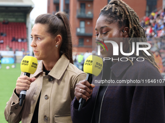 Fara Williams and Anita Asanta, BBC Sport pundits, are present during the Barclays FA Women's Super League soccer match between Tottenham Ho...