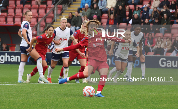 Marie Hobinger of Liverpool Women scores from the penalty spot during the Barclays FA Women's Super League soccer match between Tottenham Ho...