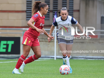 Taylor Hinds of Liverpool Women and Hayley Raso of Tottenham Hotspur Women play during the Barclays FA Women's Super League soccer match bet...