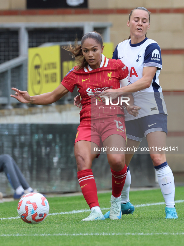 Taylor Hinds of Liverpool Women and Hayley Raso of Tottenham Hotspur Women are in action during the Barclays FA Women's Super League soccer...