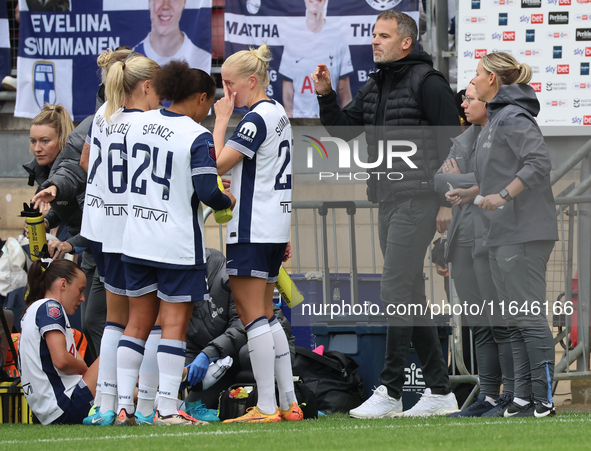 Robert Vilahamn, manager of Tottenham Hotspur Women, speaks during the Barclays FA Women's Super League soccer match between Tottenham Hotsp...