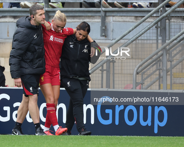 Sofie Lundgaard of Liverpool Women sustains an injury during the Barclays FA Women's Super League soccer match between Tottenham Hotspur Wom...