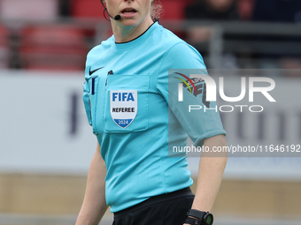 Referee Kirsty Dowie officiates during the Barclays FA Women's Super League soccer match between Tottenham Hotspur Women and Liverpool Women...