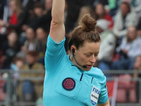 Referee Kirsty Dowie officiates during the Barclays FA Women's Super League soccer match between Tottenham Hotspur Women and Liverpool Women...