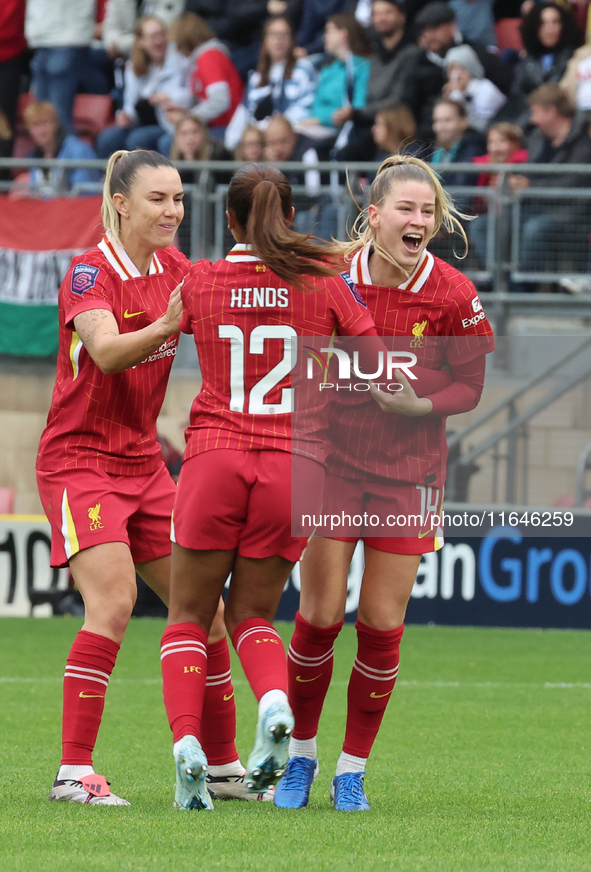 Marie Hobinger of Liverpool Women celebrates her goal during the Barclays FA Women's Super League soccer match between Tottenham Hotspur Wom...