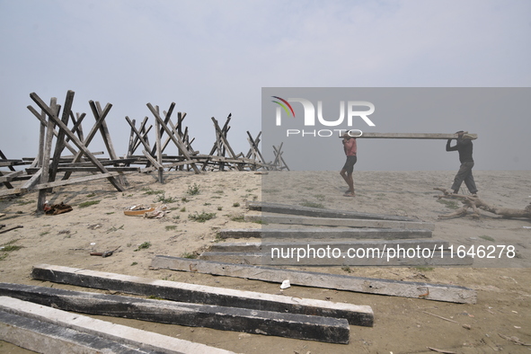 Porcupine pillars are used to reduce erosion along the river Brahmaputra in Guwahati, India, on April 6, 2018. The Brahmaputra is one of Asi...