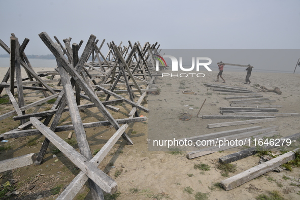 Porcupine pillars are used to reduce erosion along the river Brahmaputra in Guwahati, India, on April 6, 2018. The Brahmaputra is one of Asi...