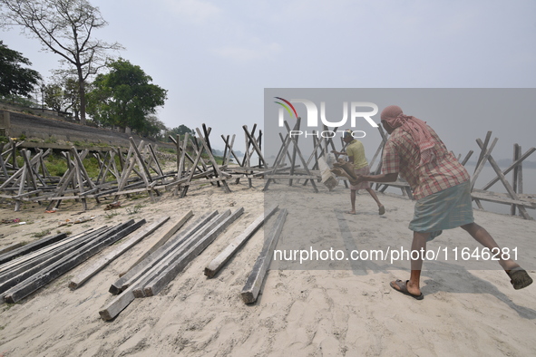 Porcupine pillars are used to reduce erosion along the river Brahmaputra in Guwahati, India, on April 6, 2018. The Brahmaputra is one of Asi...