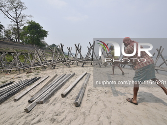 Porcupine pillars are used to reduce erosion along the river Brahmaputra in Guwahati, India, on April 6, 2018. The Brahmaputra is one of Asi...