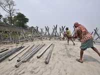 Porcupine pillars are used to reduce erosion along the river Brahmaputra in Guwahati, India, on April 6, 2018. The Brahmaputra is one of Asi...