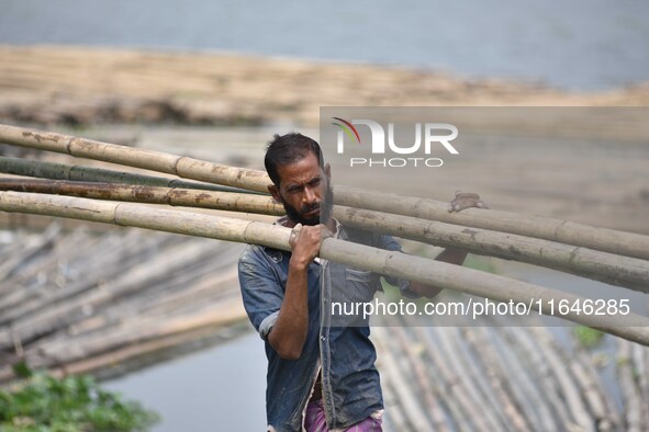 An Indian laborer carries bamboo at a bamboo market on the banks of the Brahmaputra River in Guwahati, India, on April 6, 2018. The Brahmapu...