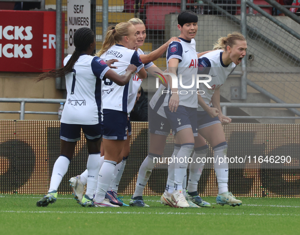 Clare Hunt of Tottenham Hotspur Women celebrates her goal during the Barclays FA Women's Super League soccer match between Tottenham Hotspur...