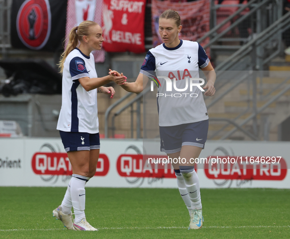 Clare Hunt of Tottenham Hotspur Women celebrates her goal with Amanda Nilden, who is on loan from Juventus, of Tottenham Hotspur Women durin...