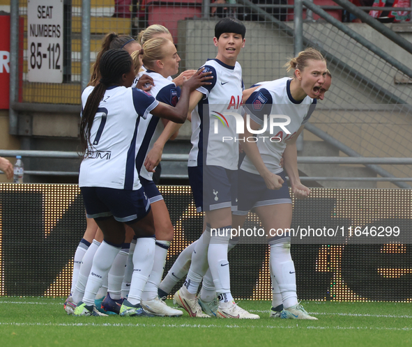 Clare Hunt of Tottenham Hotspur Women celebrates her goal during the Barclays FA Women's Super League soccer match between Tottenham Hotspur...