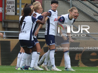 Clare Hunt of Tottenham Hotspur Women celebrates her goal during the Barclays FA Women's Super League soccer match between Tottenham Hotspur...