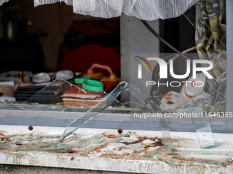 Broken windows of the building are seen as a result of a Russian drone attack in Odesa, Ukraine, on October 6, 2024. (