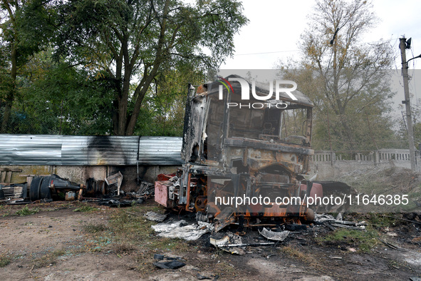 A truck burns down as a result of a Russian drone attack on the warehouse premises in Odesa, Ukraine, on October 6, 2024. NO USE RUSSIA. NO...