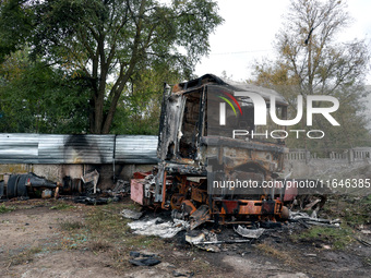 A truck burns down as a result of a Russian drone attack on the warehouse premises in Odesa, Ukraine, on October 6, 2024. NO USE RUSSIA. NO...