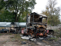 A truck burns down as a result of a Russian drone attack on the warehouse premises in Odesa, Ukraine, on October 6, 2024. NO USE RUSSIA. NO...