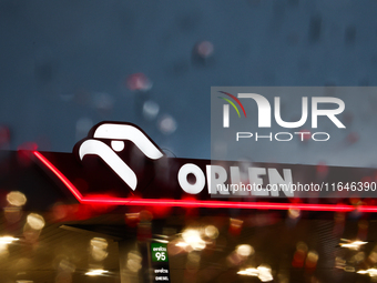 Orlen logo is seen through the raindrops on the car window at a gas station Poland on October 6, 2024. (