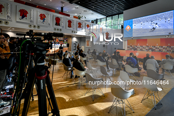 Netherlands trainer coach Ronald Koeman appears on the screen as attention is given in memory of Johan Neeskens during the training and pres...