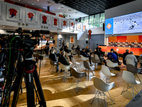 Netherlands trainer coach Ronald Koeman appears on the screen as attention is given in memory of Johan Neeskens during the training and pres...