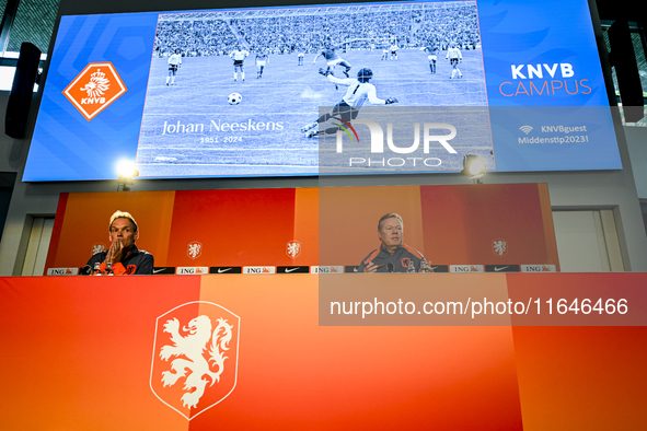 Netherlands trainer coach Ronald Koeman appears on the screen as attention is given in memory of Johan Neeskens during the training and pres...