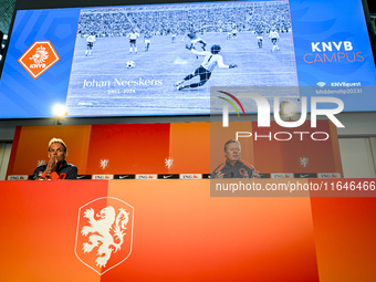 Netherlands trainer coach Ronald Koeman appears on the screen as attention is given in memory of Johan Neeskens during the training and pres...