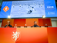 Netherlands trainer coach Ronald Koeman appears on the screen as attention is given in memory of Johan Neeskens during the training and pres...