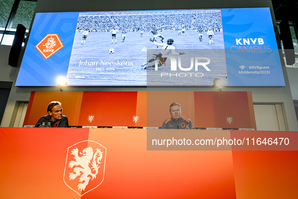 Netherlands trainer coach Ronald Koeman appears on the screen as attention is given in memory of Johan Neeskens during the training and pres...