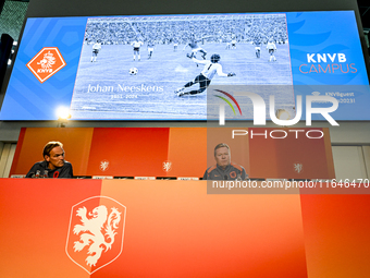 Netherlands trainer coach Ronald Koeman appears on the screen as attention is given in memory of Johan Neeskens during the training and pres...